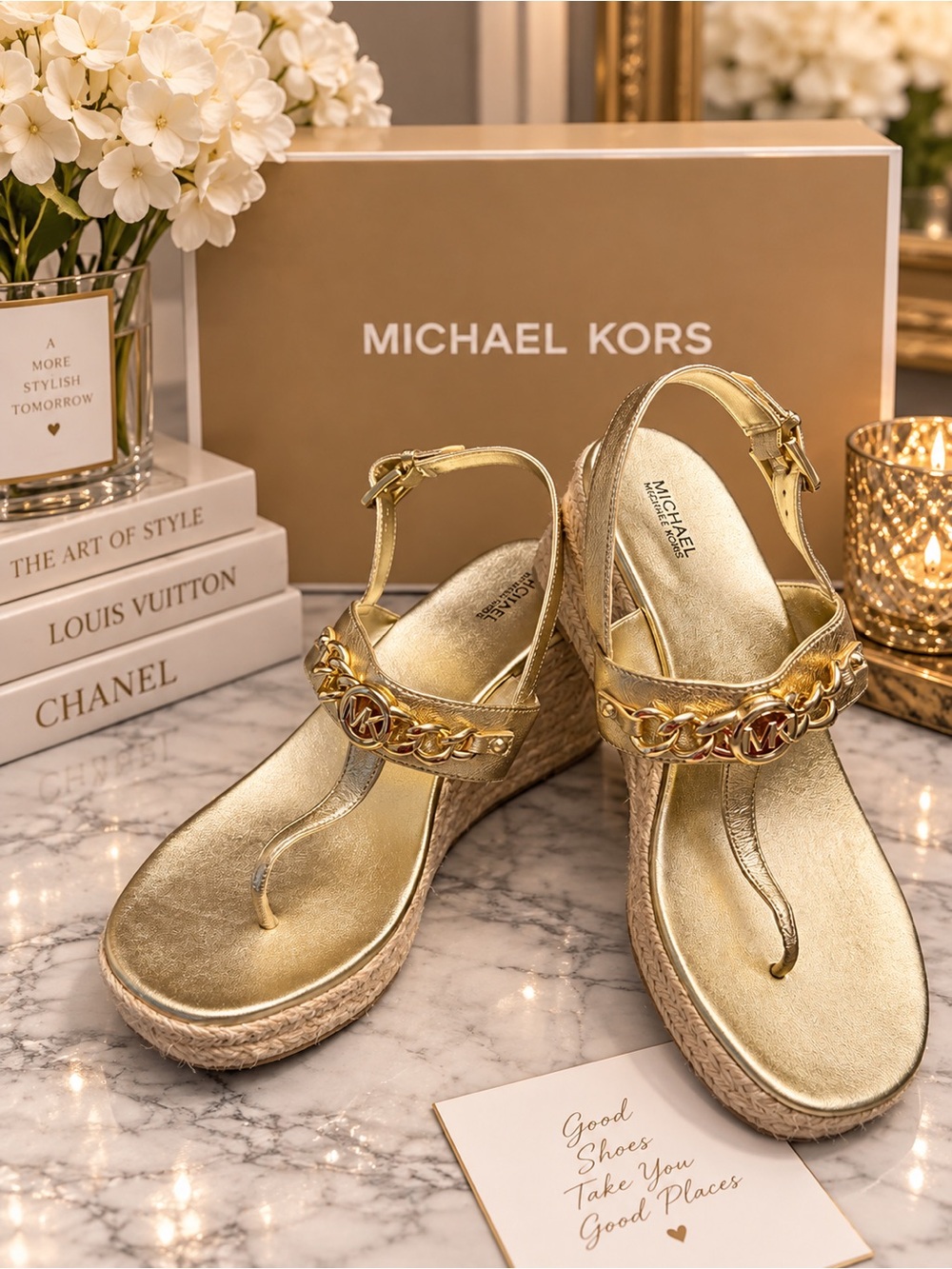 Michael Kors Gold Metallic Chain Espadrille Wedge Sandals size 8.5W